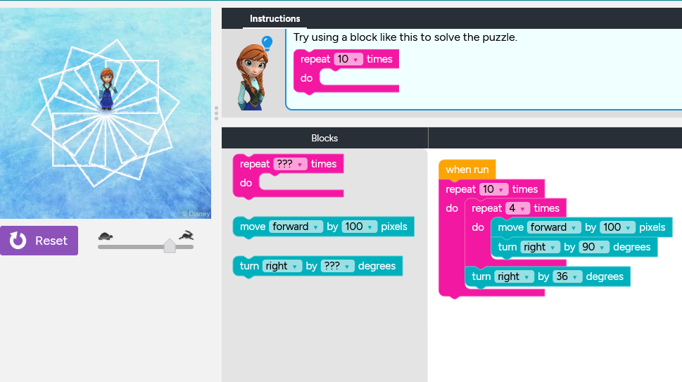 A screenshot of a Code.org tutorial interface. On the left, a character named Anna stands on a blue ice surface with a geometric snowflake pattern drawn in white lines. On the right, the workspace shows pink and teal coding blocks arranged in a loop. The code instructions suggest repeating a sequence 10 times to draw a pattern of squares rotated by 36 degrees.